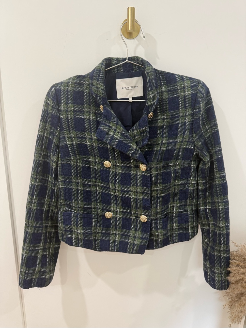 Lafayette 148 New York Navy & Green Plaid Double-Breasted Jacket